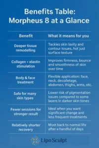How Often Can I have Morpheus 8? 3 Table showing the benefits of Morpheus 8 treatment from Lipo Sculpt Stony Stratford