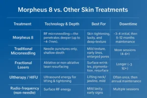 How Often Can I have Morpheus 8? 2 Table to show benefits of Morpheus 8 Stony Stratford compared to other skin treatments